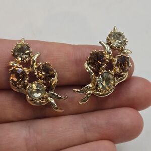 BSK Amber AB Rhinestone Earrings Gold Tone Climber Clip On Vintage MCM Signed